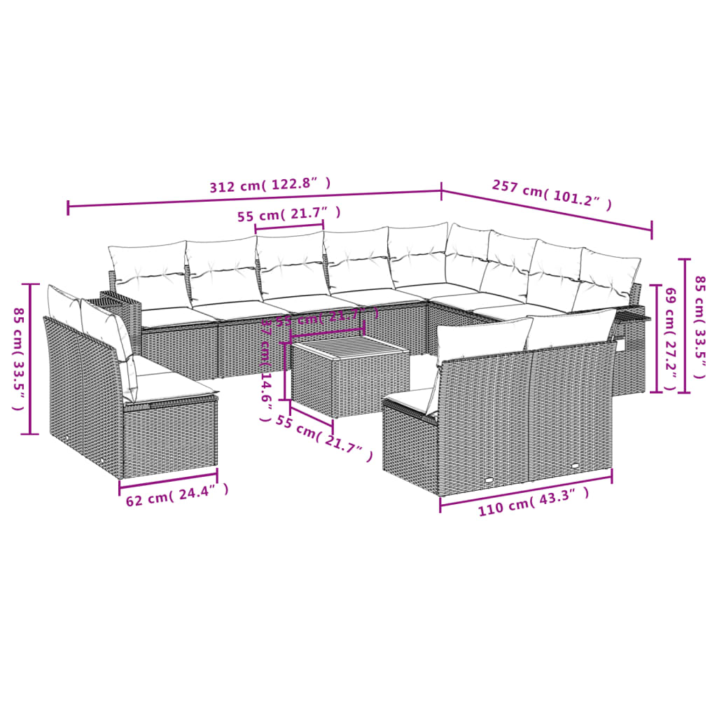 vidaXL 13-dijelni set vrtnih sofa od poliratana s jastucima sivi