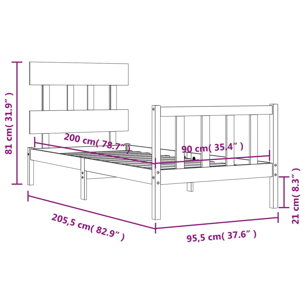 vidaXL Okvir kreveta s uzglavljem bijeli 90 x 200 cm od masivnog drva