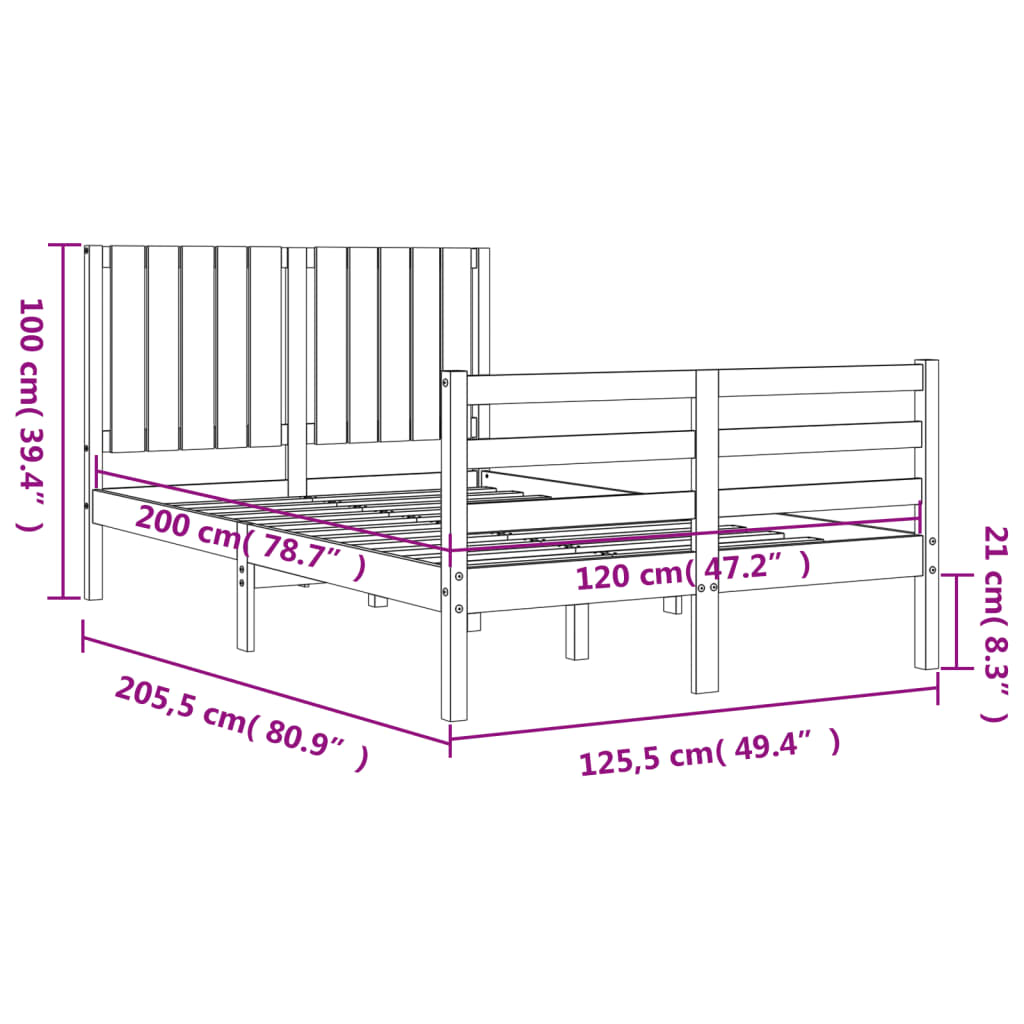 vidaXL Okvir za krevet s uzglavljem crna 120x200cm od masivnog drva