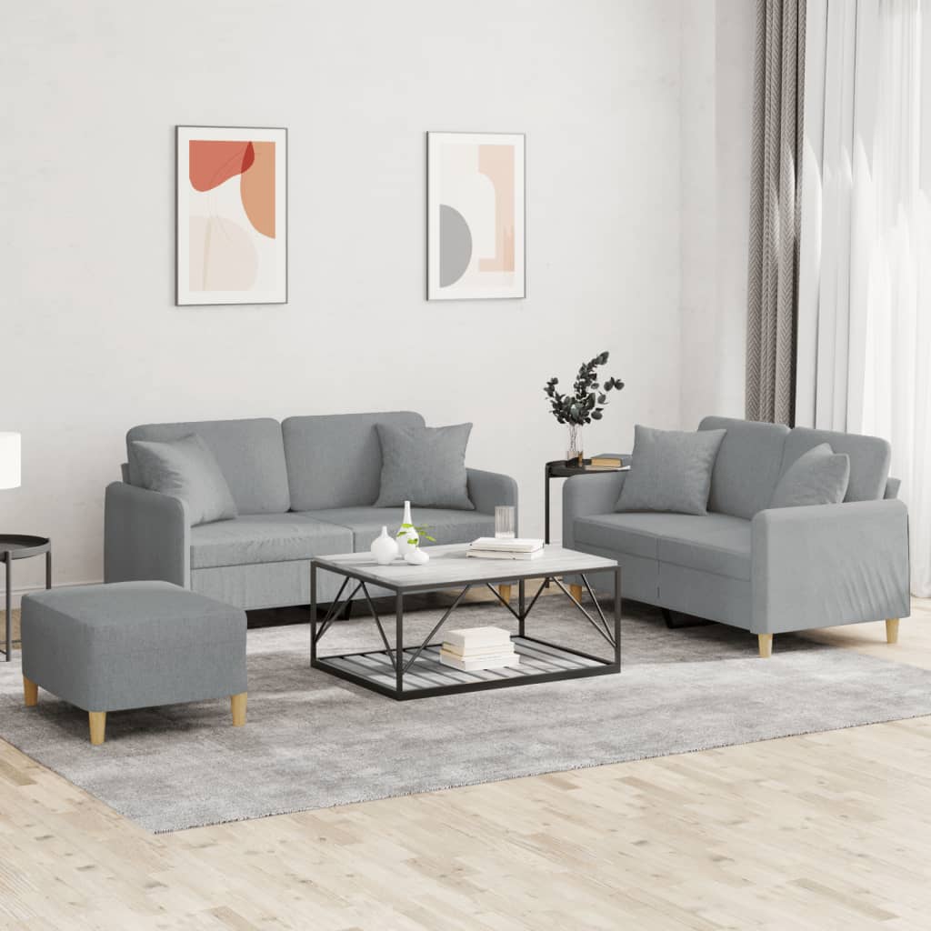 vidaXL 3-dijelni set sofa s jastucima svjetlosivi od tkanine