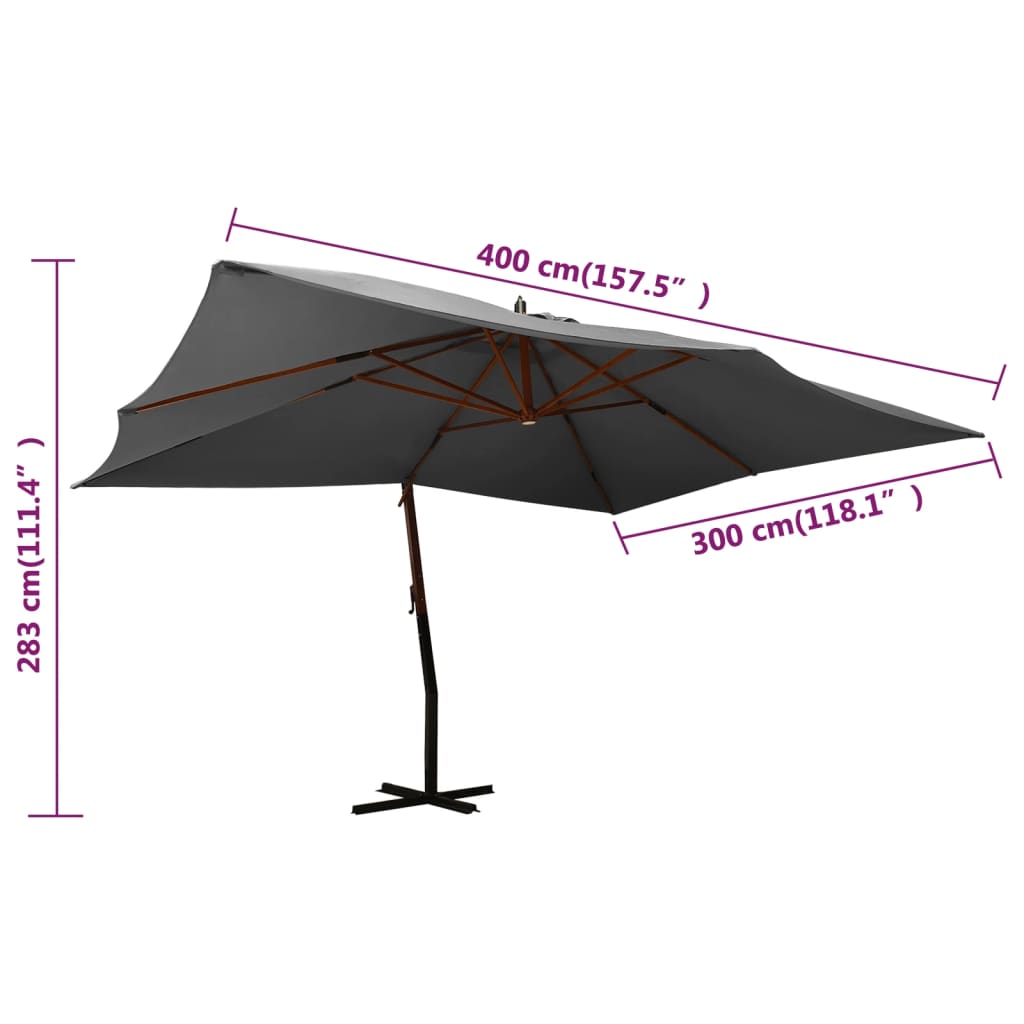 vidaXL Konzolni vrtni suncobran s drvenim stupom 400 x 300 cm antracit