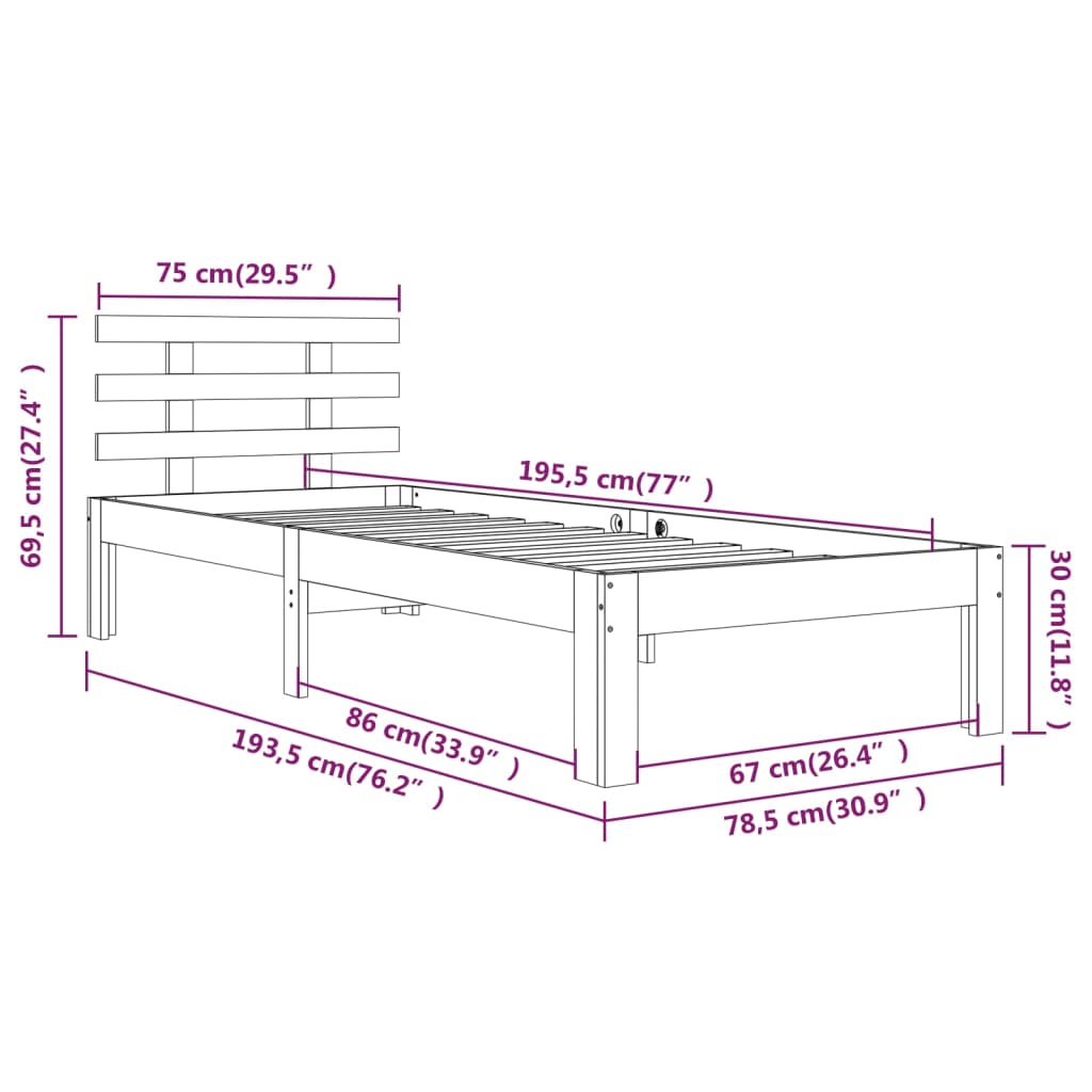 vidaXL Okvir za krevet bijeli drveni 75 x 190 cm 2FT6 jednokrevetni