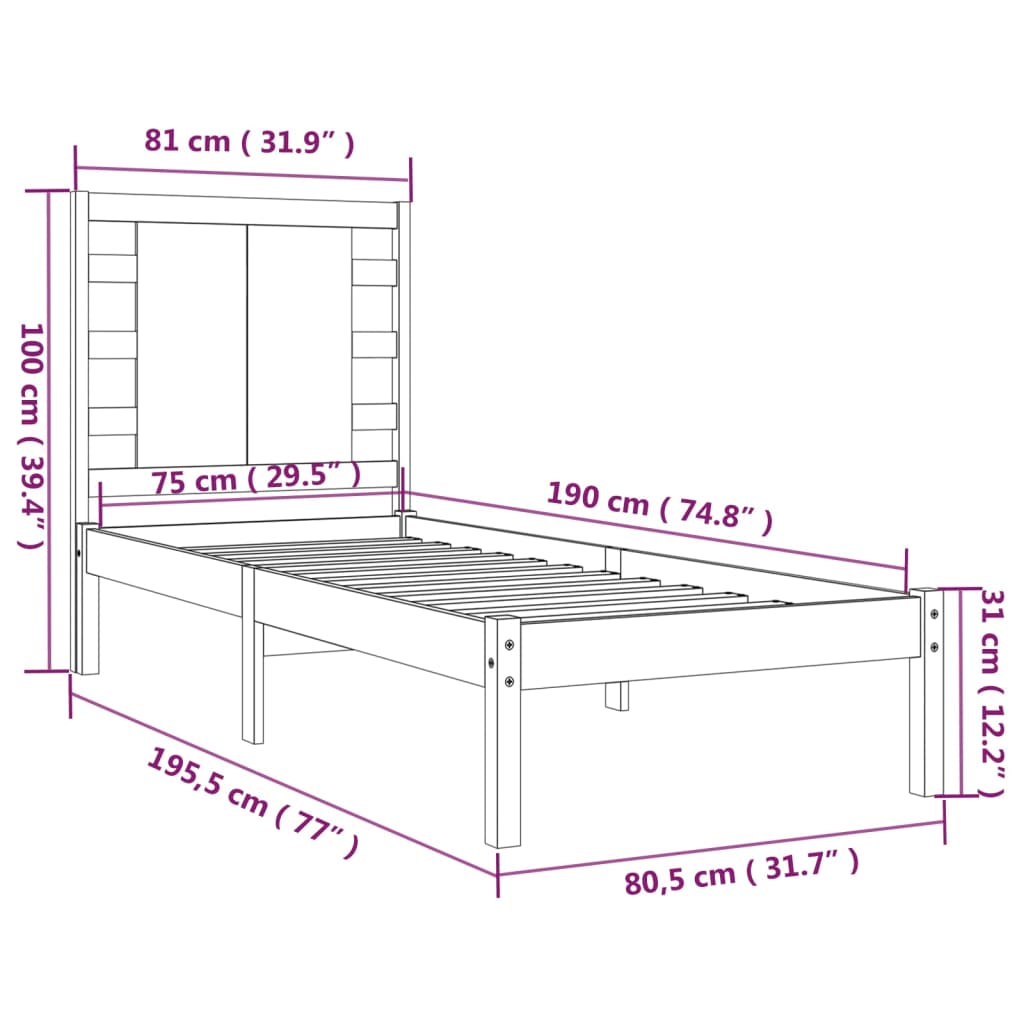 vidaXL Okvir za krevet od masivnog drva 75 x 190 cm 2FT6 jednokrevetni