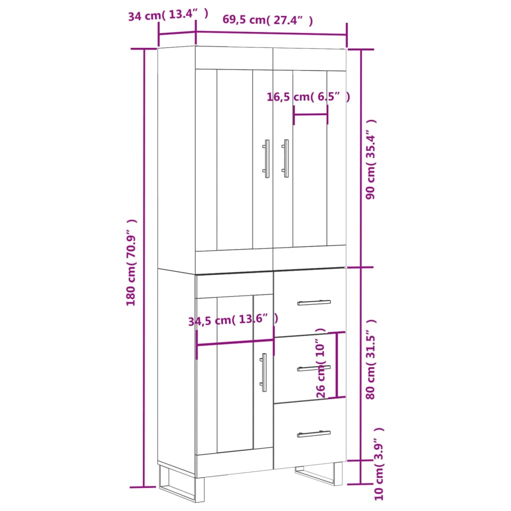 vidaXL Visoka komoda boja hrasta 69,5x34x180 cm od konstruiranog drva