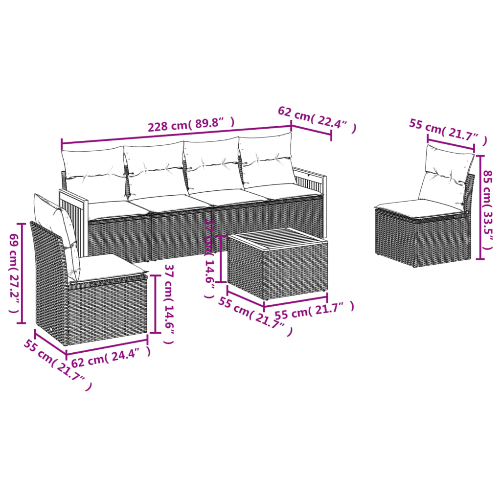 vidaXL 7-dijelni set vrtnih sofa od poliratana s jastucima crni