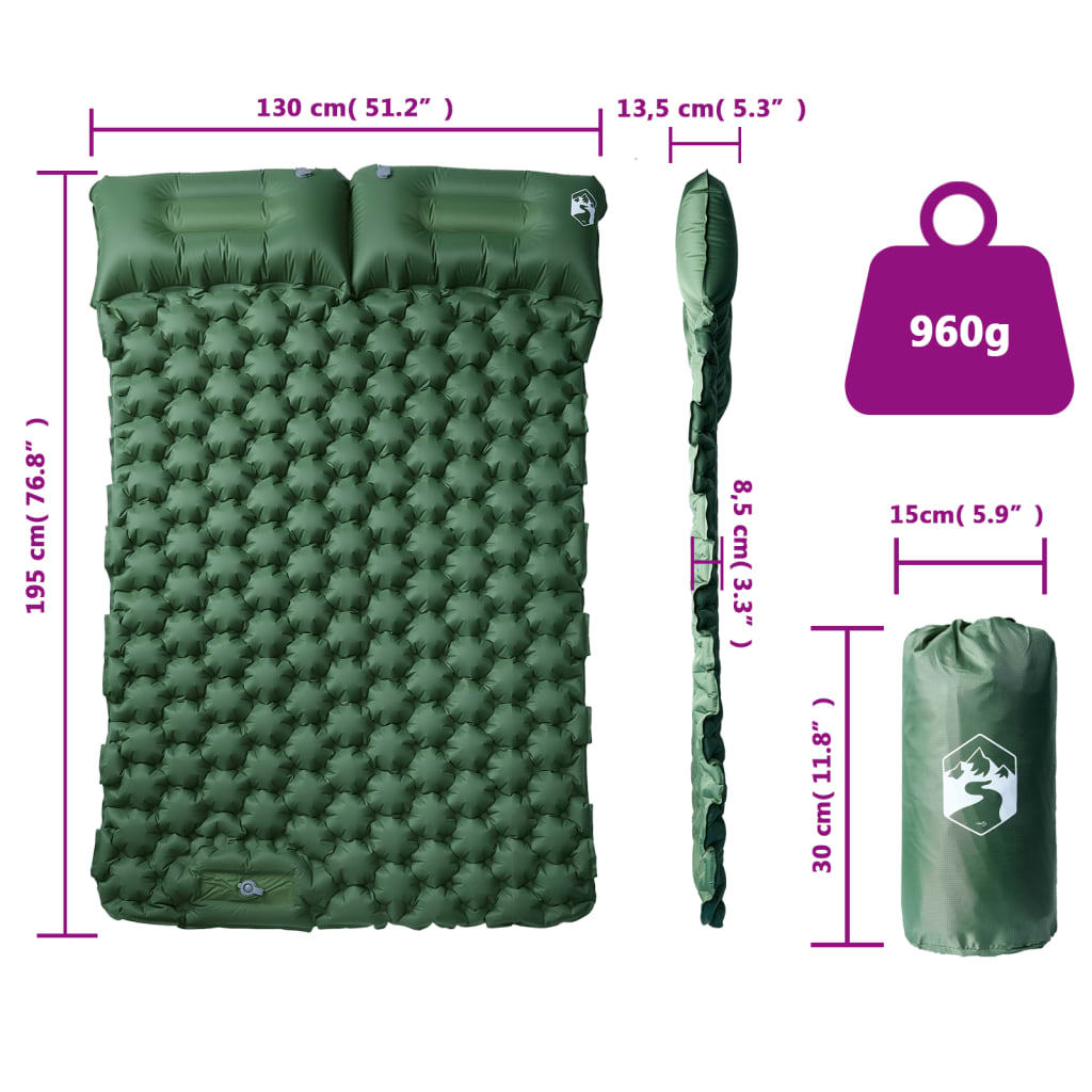 vidaXL Samonapuhujući madrac za kampiranje s jastucima zeleni 2 osobe