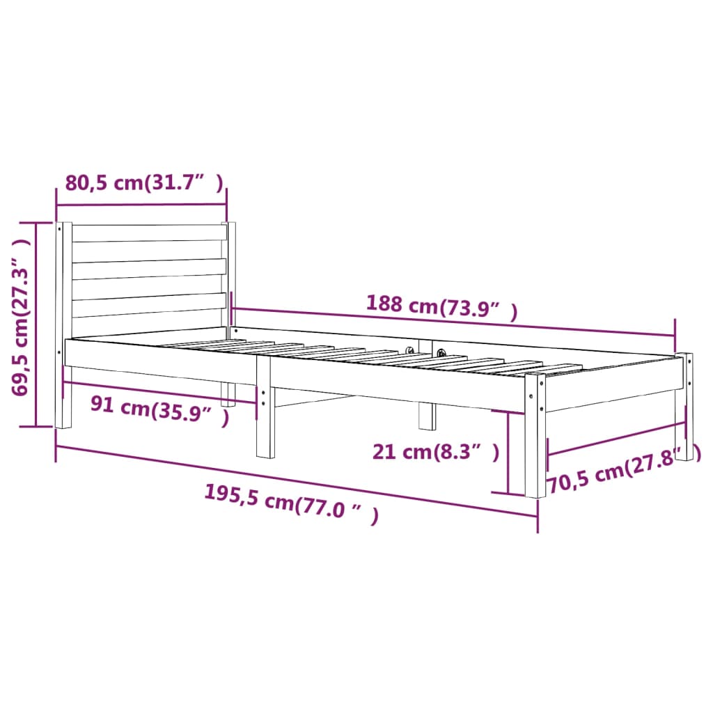 vidaXL Okvir za krevet od borovine 75 x 190 cm 2FT6 jednokrevetni