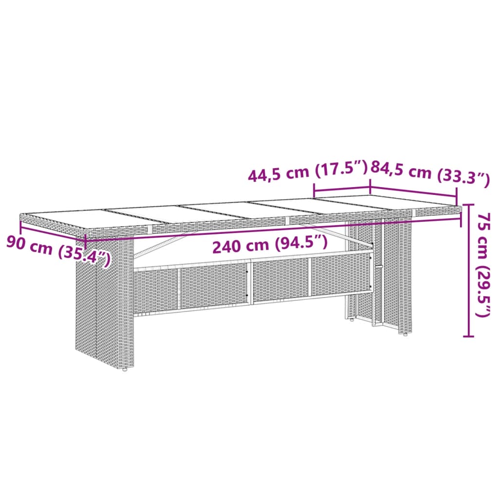 vidaXL Vrtni stol sa staklenom pločom crni 240x90x75cm od poliratana