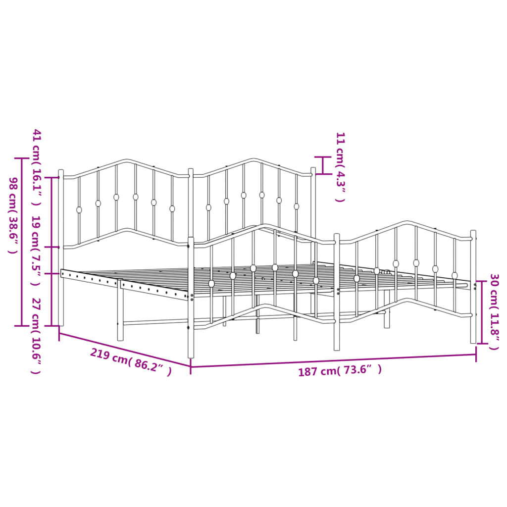 vidaXL Metalni okvir kreveta s uzglavljem i podnožjem crni 183x213 cm