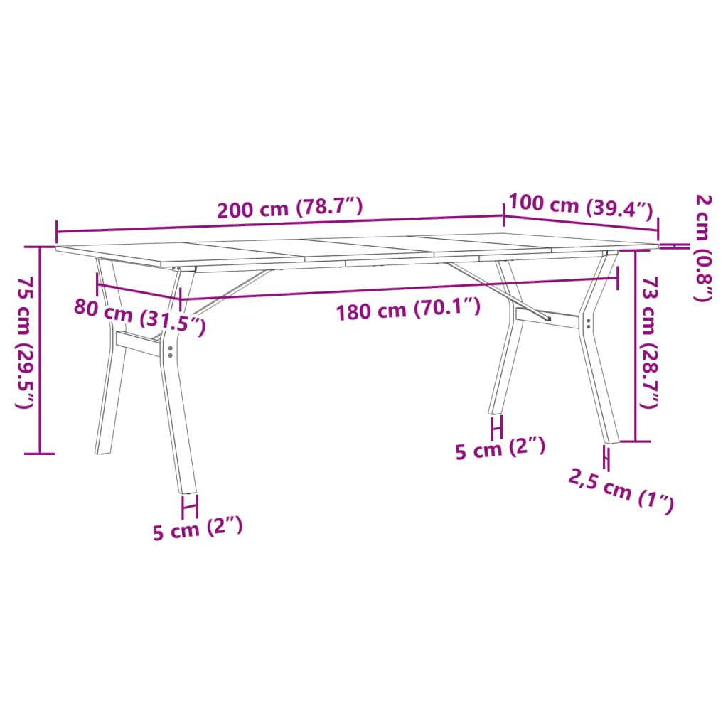 vidaXL Blagovaonski stol Y-oblika 200x100x75 cm od borovine i željeza