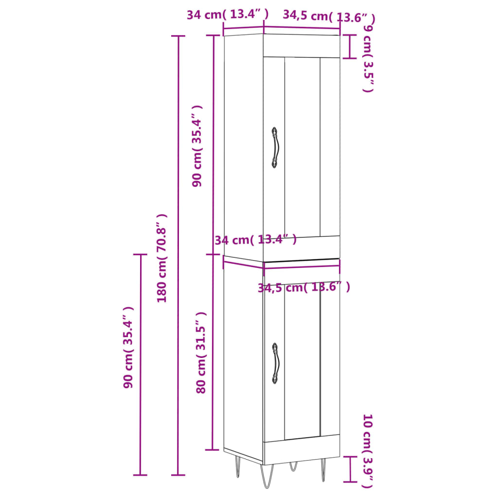 vidaXL Visoka komoda hrasta sonome 34,5x34x180cm od konstruiranog drva