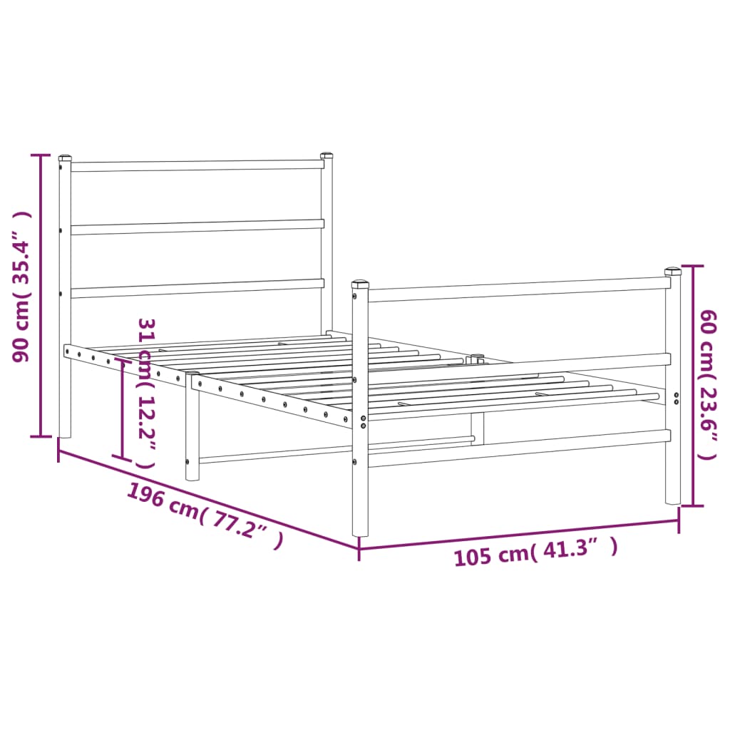 vidaXL Metalni okvir kreveta s uzglavljem i podnožjem crni 100x190 cm