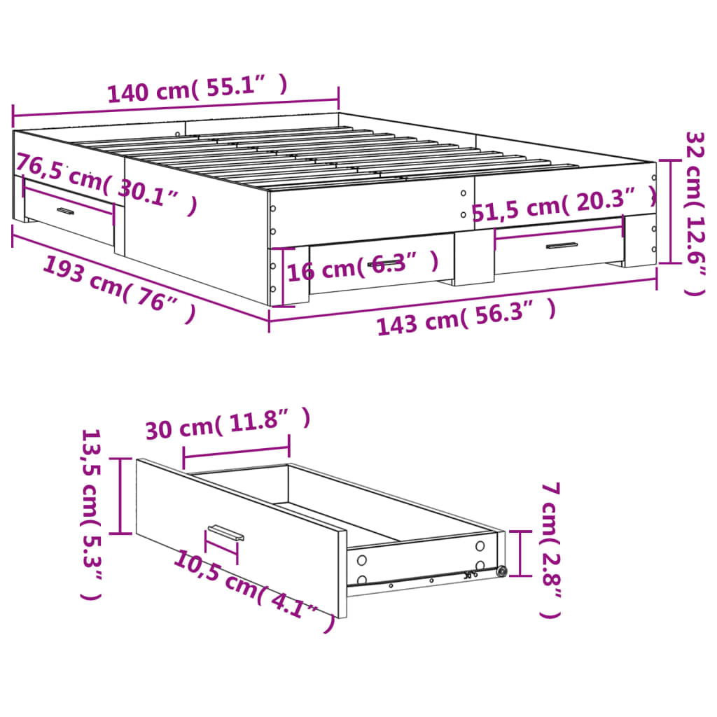 vidaXL Okvir kreveta s ladicama boja hrasta 140x190 cm