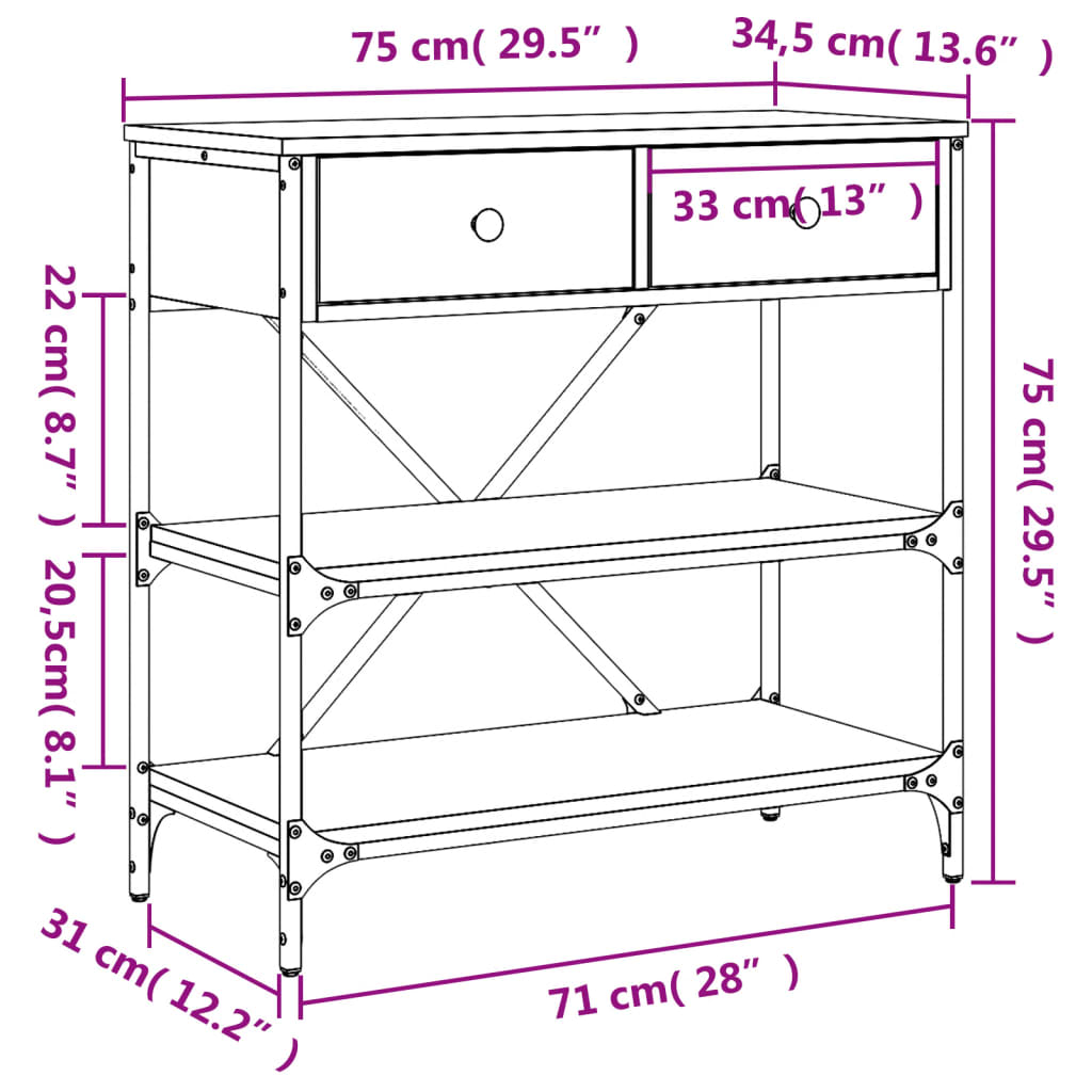 vidaXL Konzolni stol boja hrasta 75 x 34,5 x 75 cm konstruirano drvo