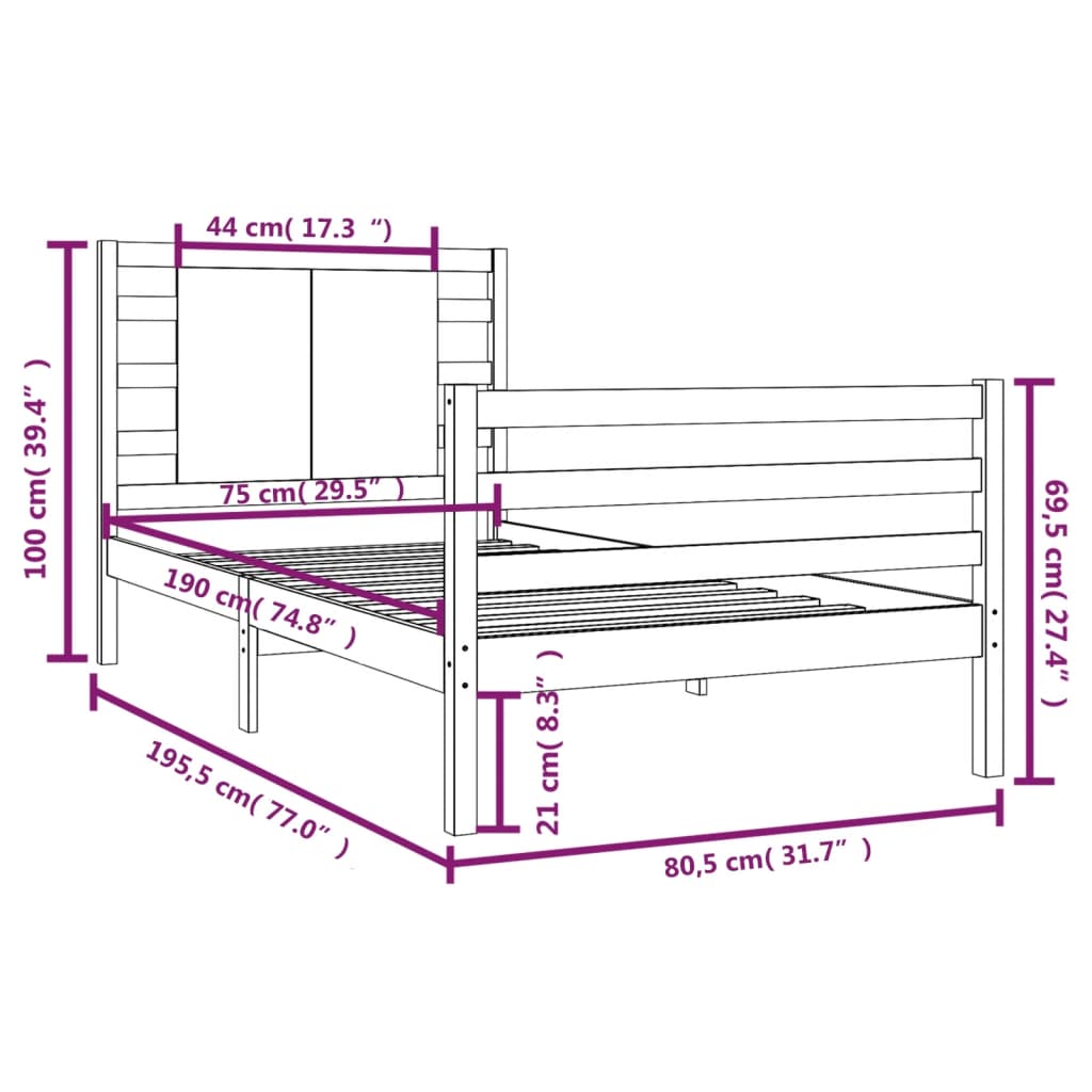 vidaXL Okvir za krevet od borovine 75 x 190 cm mali jednokrevetni