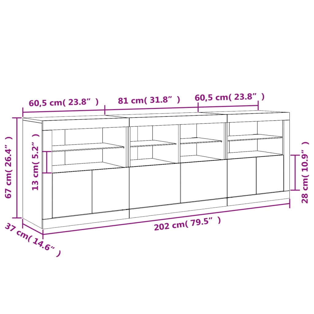 vidaXL Komoda s LED svjetlima bijela 202x37x67 cm