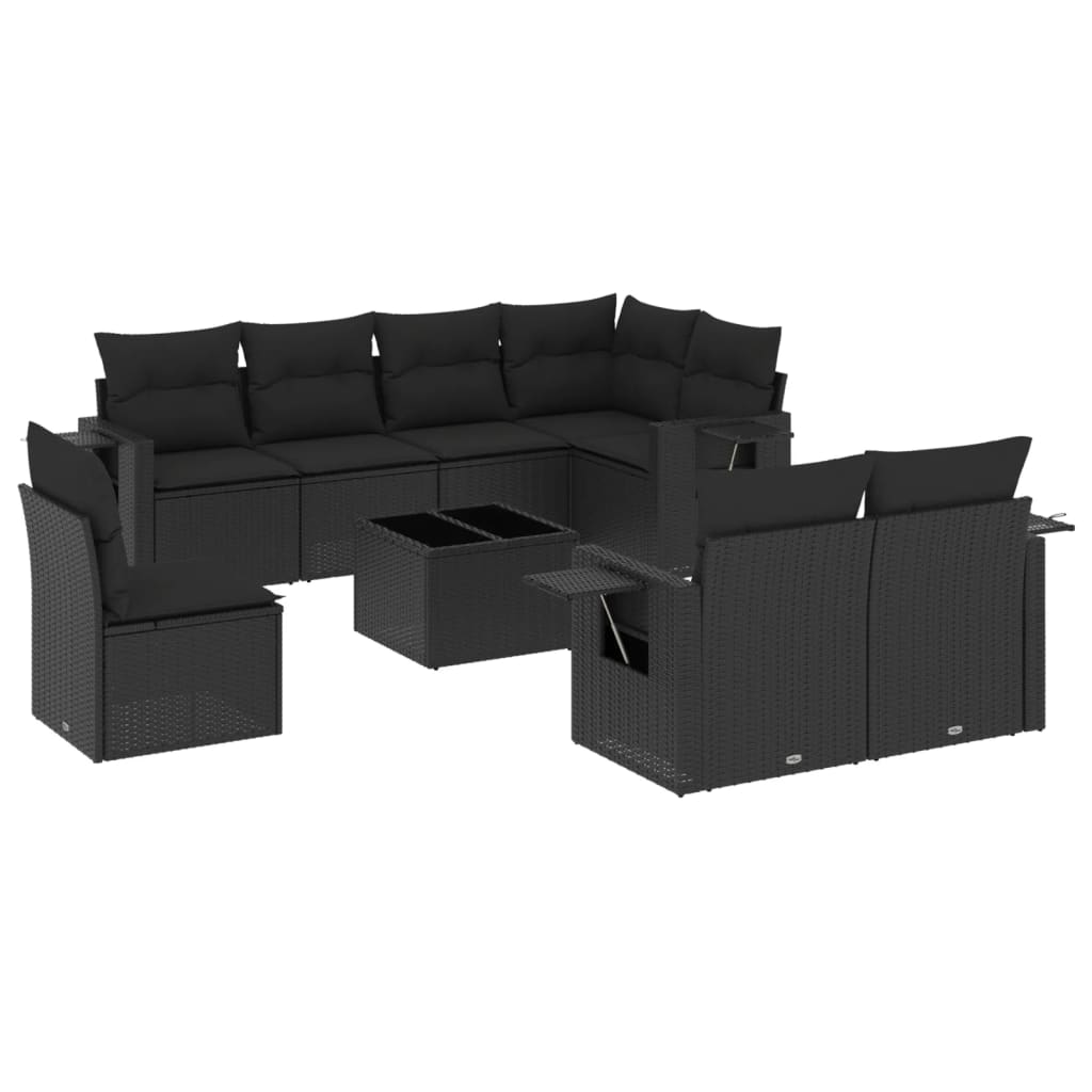 vidaXL 9-dijelni set vrtnih sofa s jastucima crni od poliratana