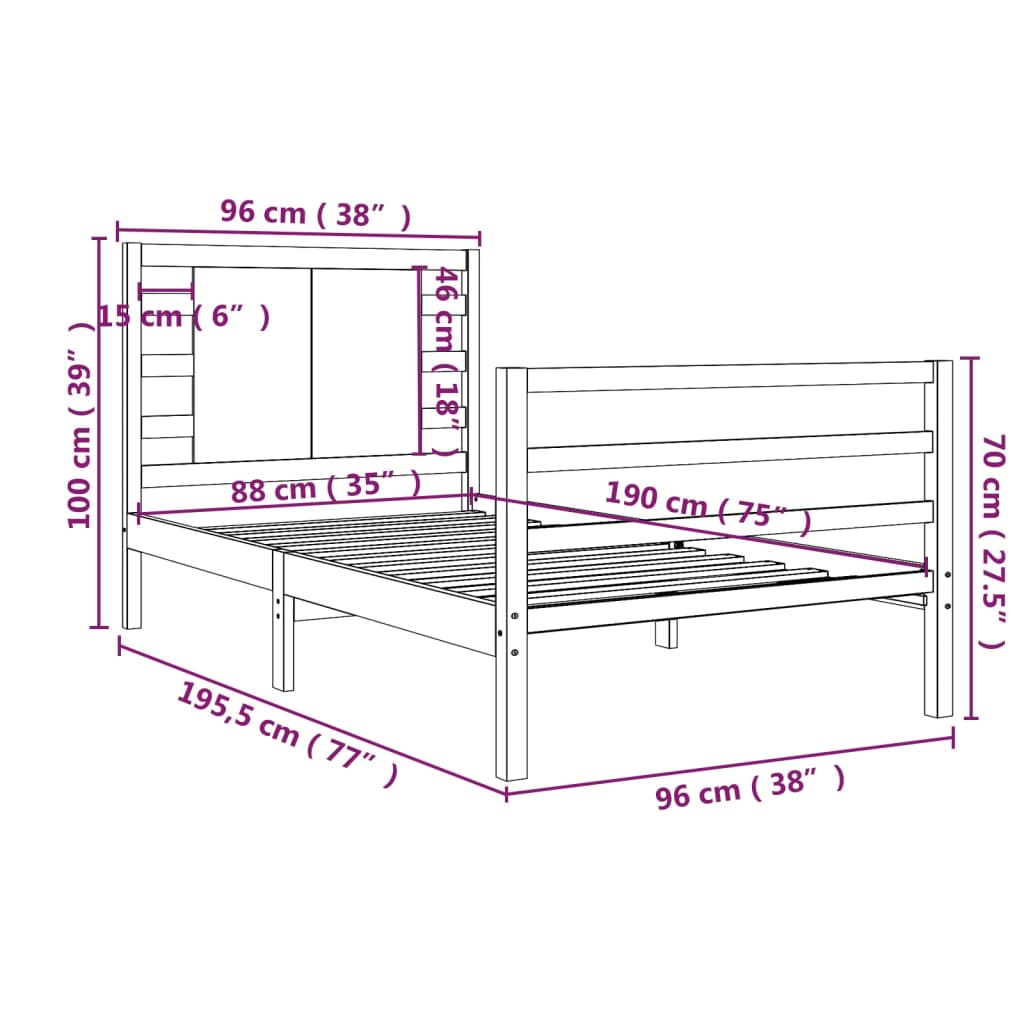 vidaXL Okvir za krevet od masivne borovine bijeli 90 x 190 cm mali