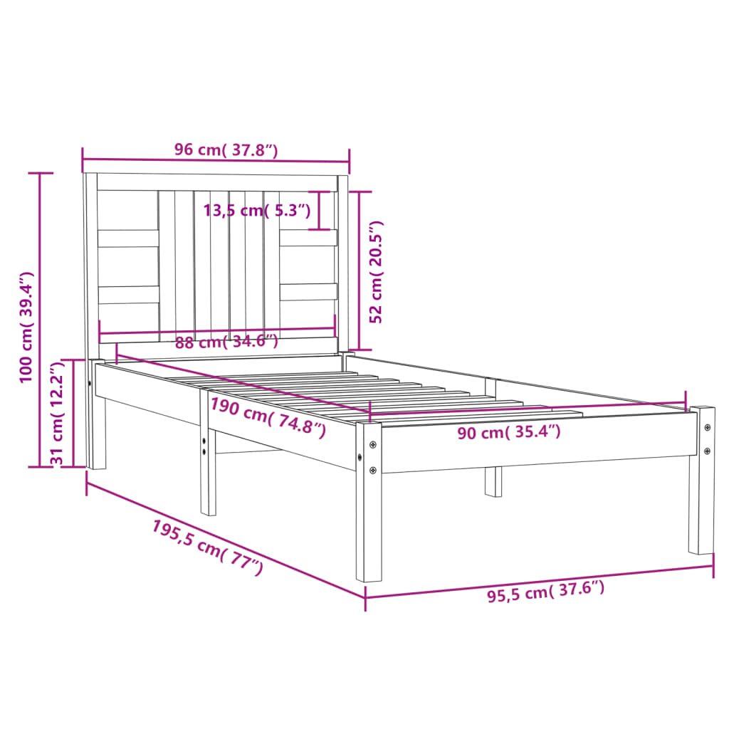 vidaXL Okvir za krevet bijeli od masivnog drva 90 x 190 cm mali