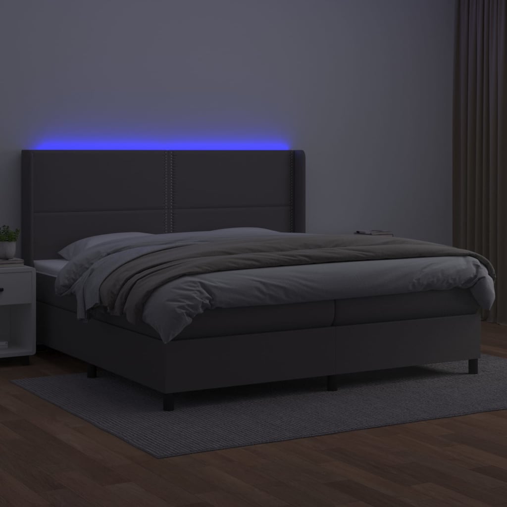 vidaXL Krevet box spring s madracem LED sivi 200x200cm od umjetne kože