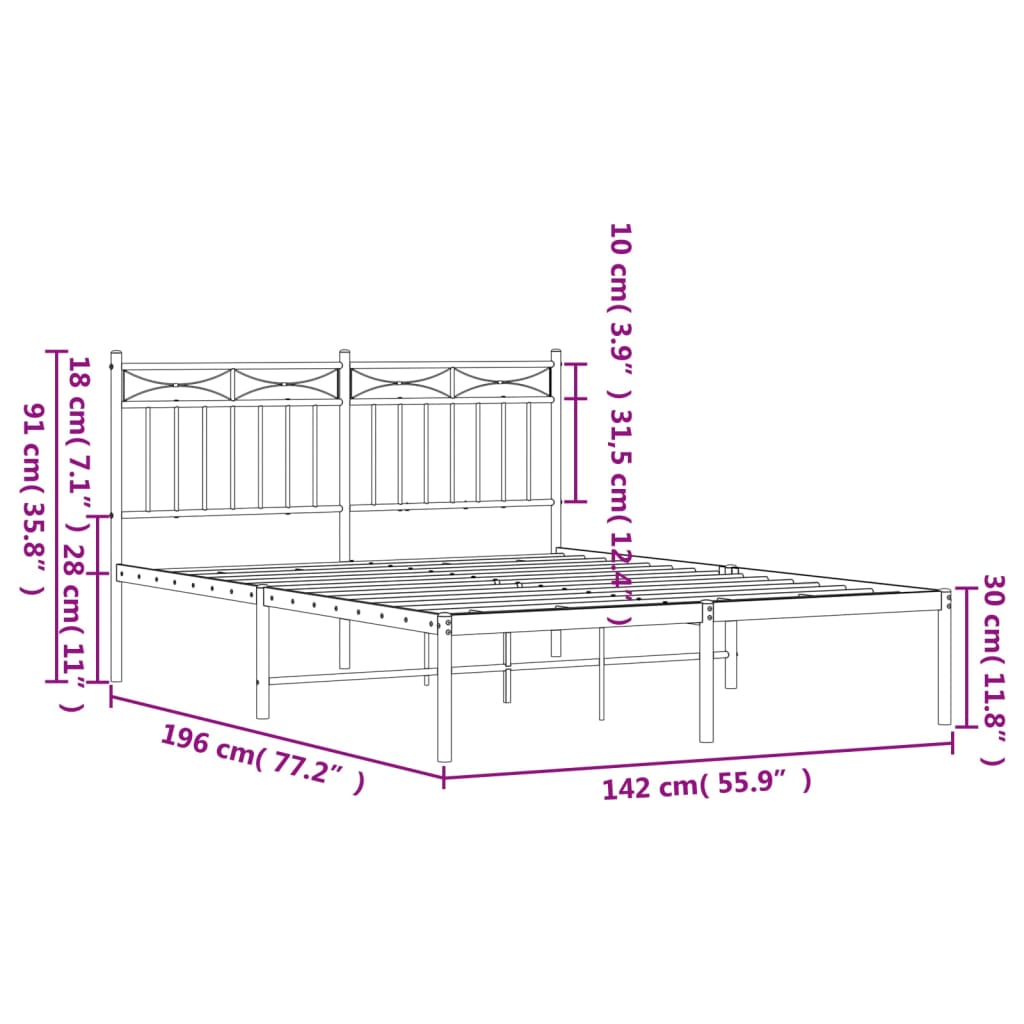 vidaXL Metalni okvir za krevet s uzglavljem bijeli 135x190 cm