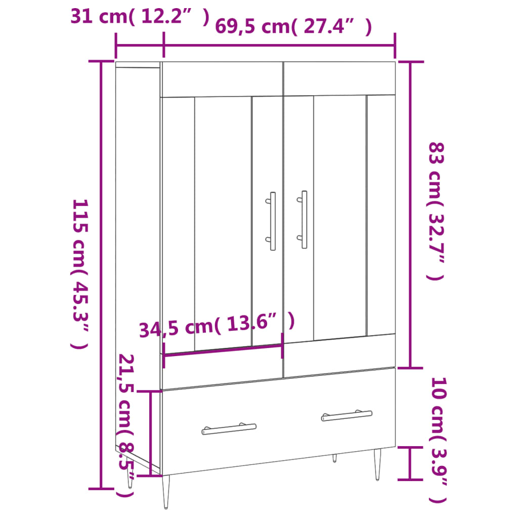 vidaXL Visoka komoda boja hrasta 69,5 x 31 x 115 cm konstruirano drvo