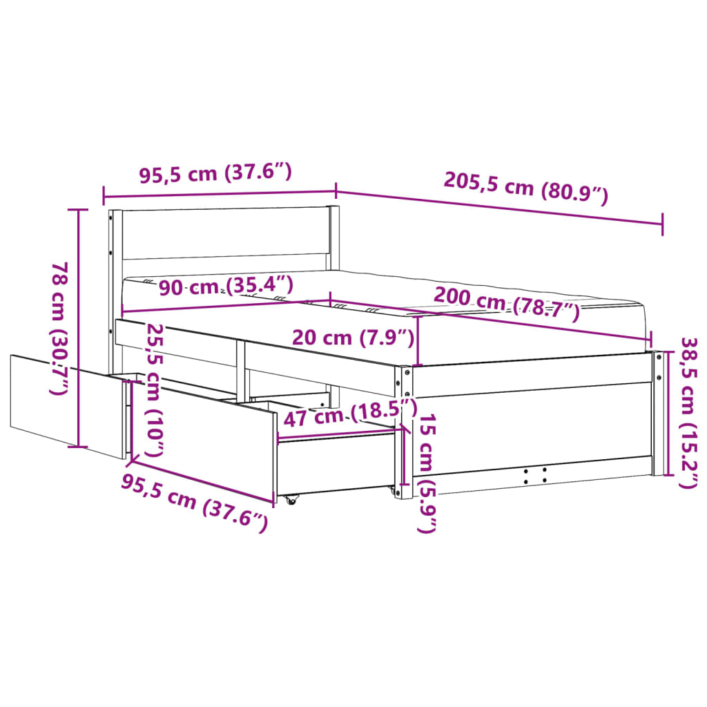 vidaXL Krevet s ladicama i madracem 90 x 200 cm od borovine