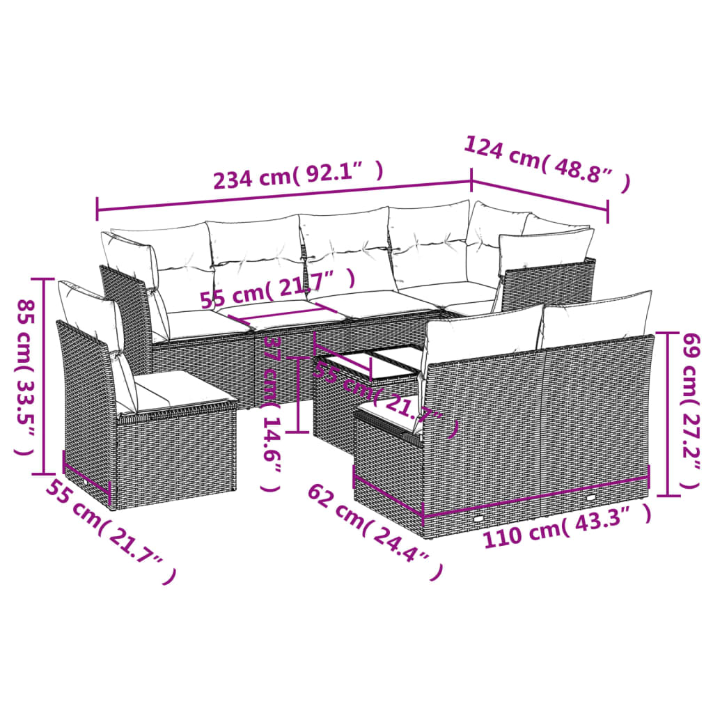 vidaXL 9-dijelni set vrtnih sofa s jastucima crni od poliratana