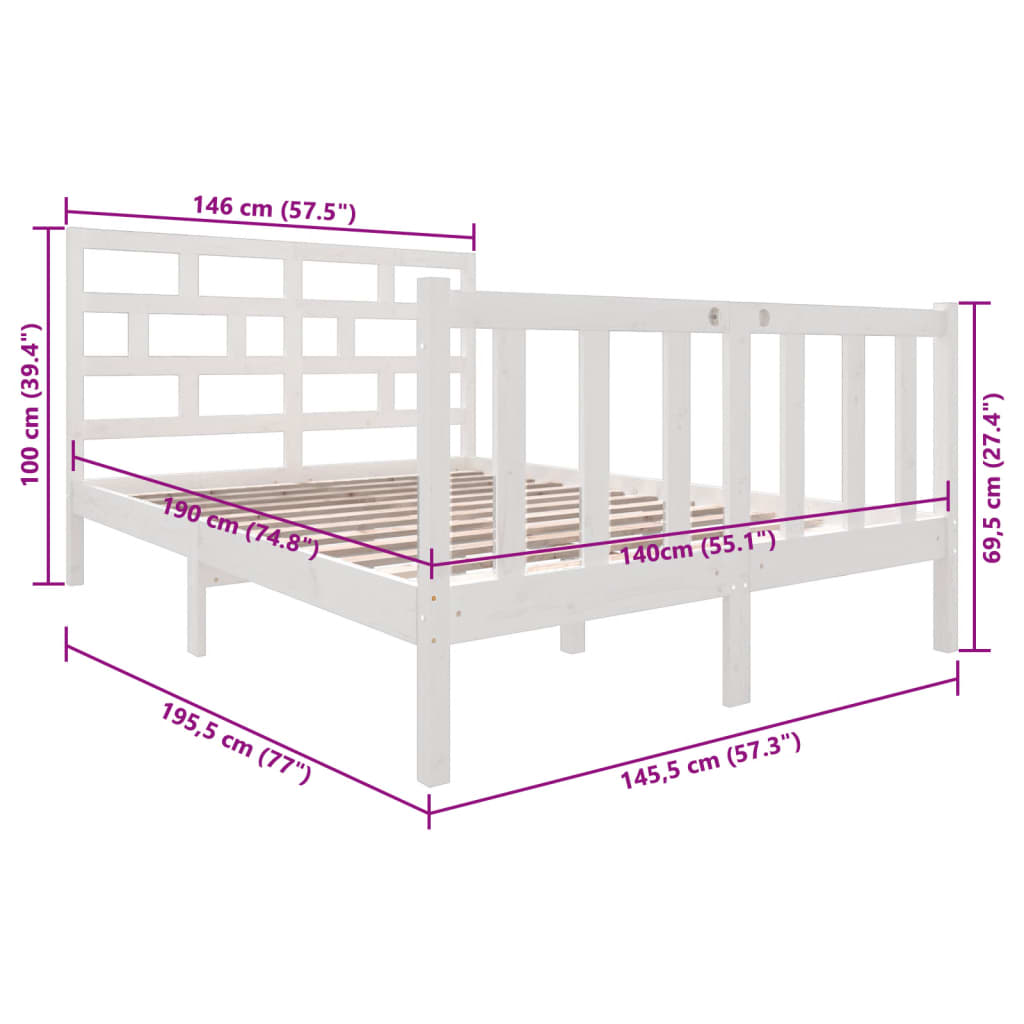 vidaXL Okvir za krevet od masivne borovine bijeli 140 x 190 cm