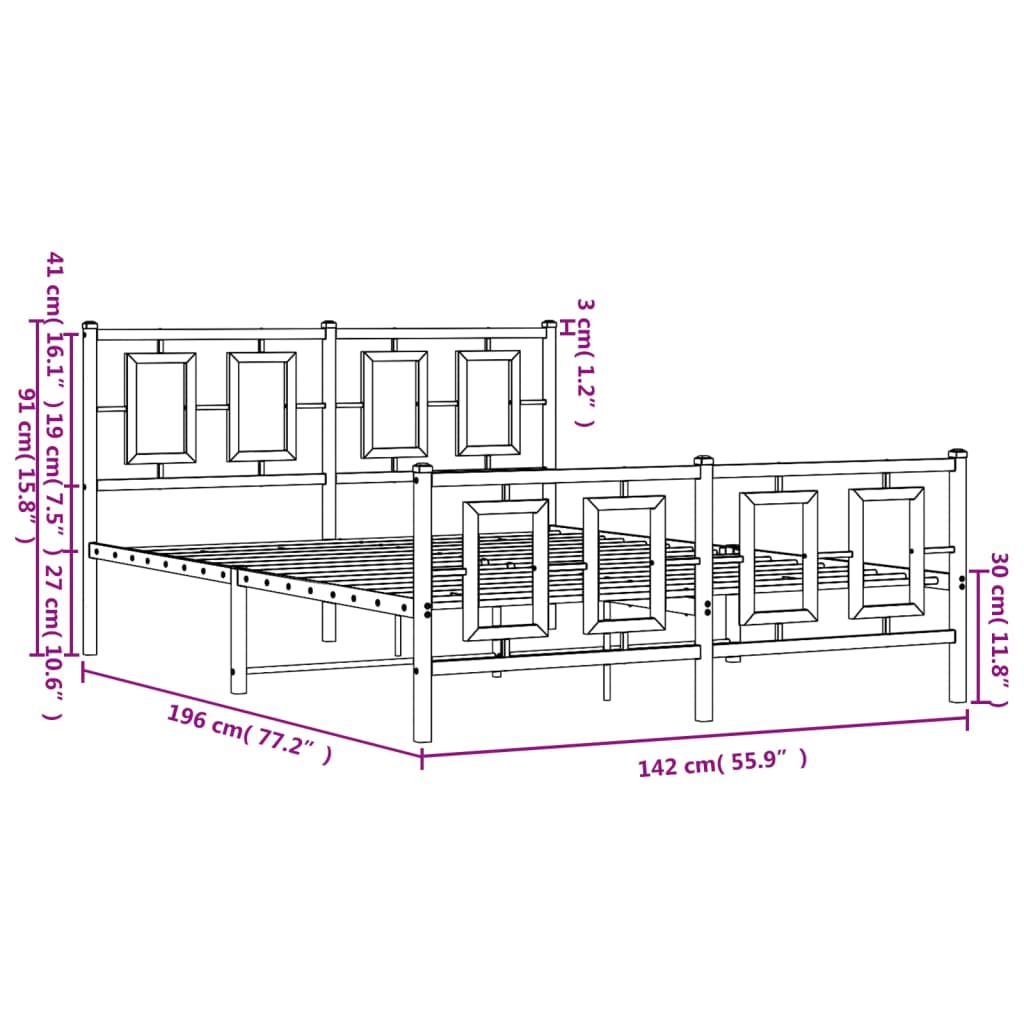 vidaXL Metalni okvir kreveta uzglavlje i podnožje crni 135x190 cm