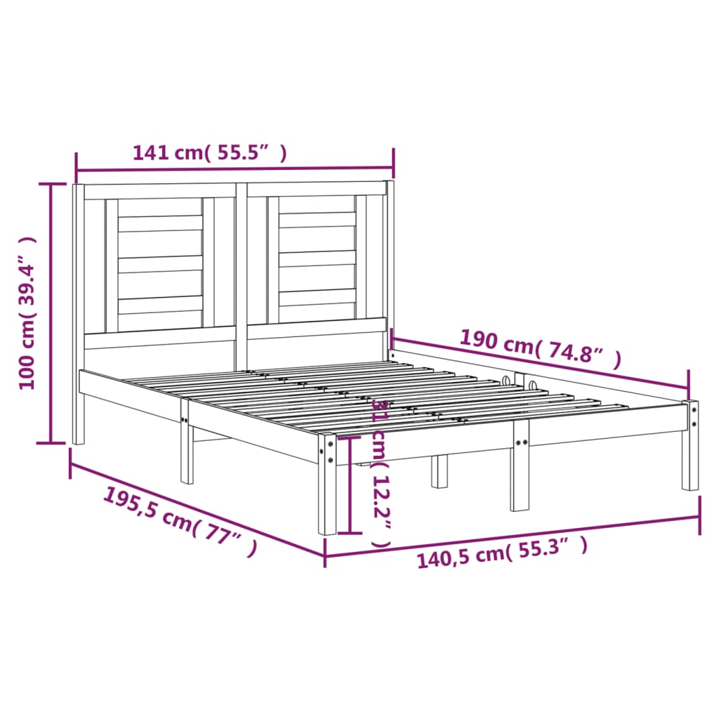 vidaXL Okvir za krevet masivna borovina bijeli 135x190 cm 4FT6 bračni