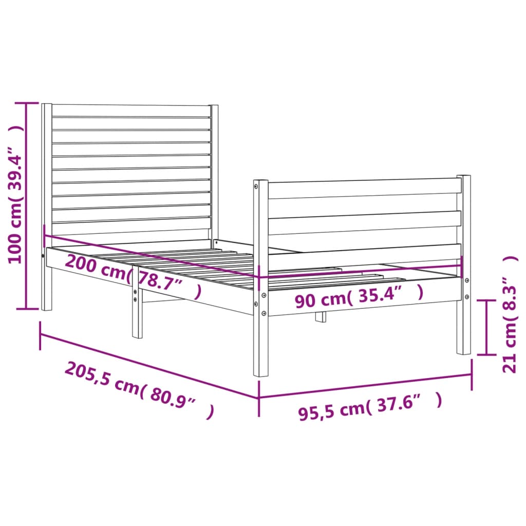 vidaXL Okvir kreveta s uzglavljem crni 90 x 200 cm od masivnog drva