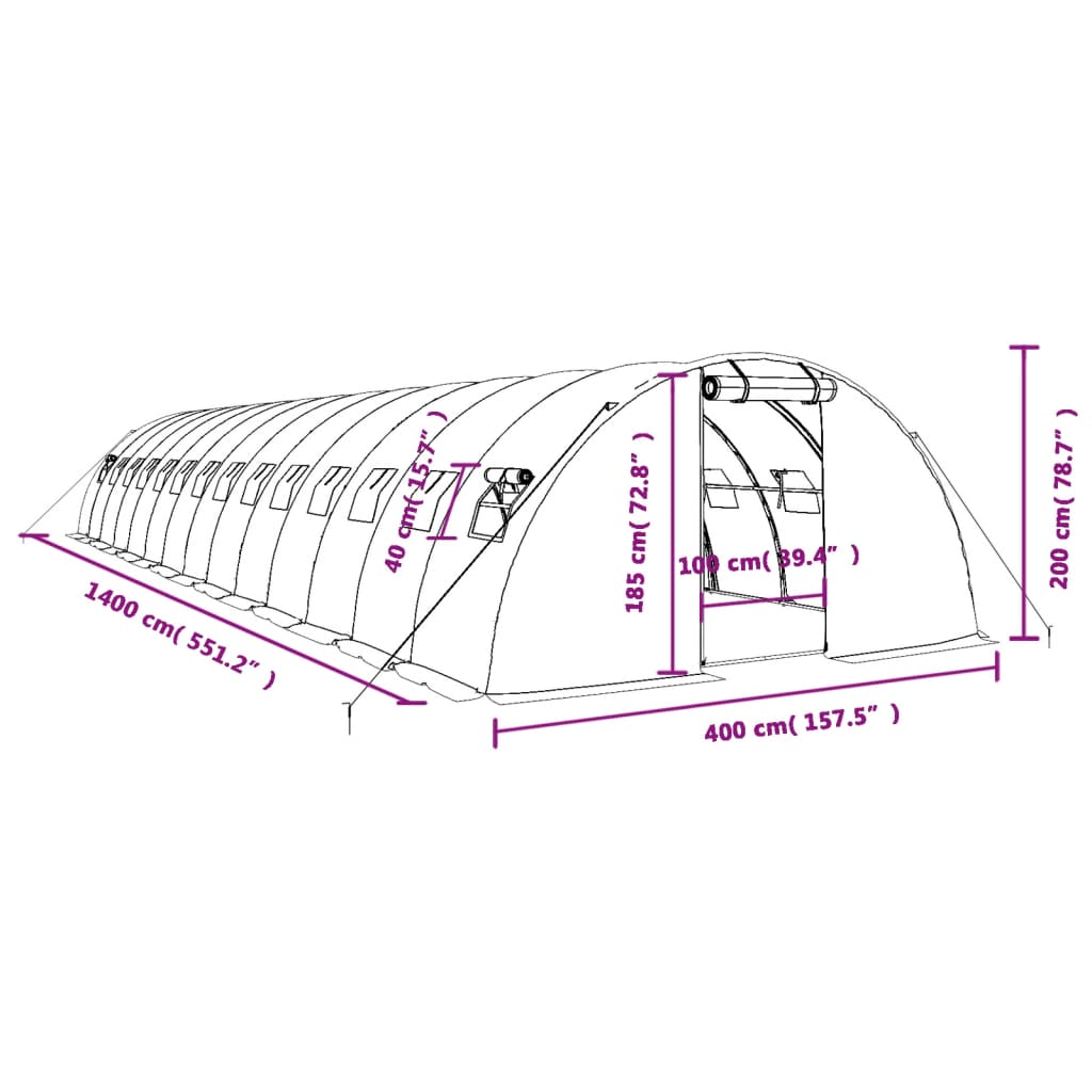 vidaXL Staklenik s čeličnim okvirom zeleni 56 m² 14 x 4 x 2 m