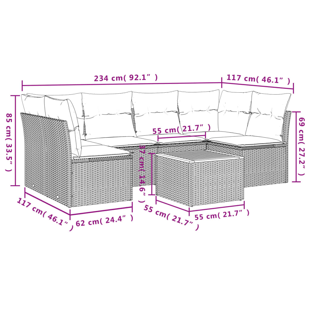 vidaXL 7-dijelni set vrtnih sofa od poliratana s jastucima bež