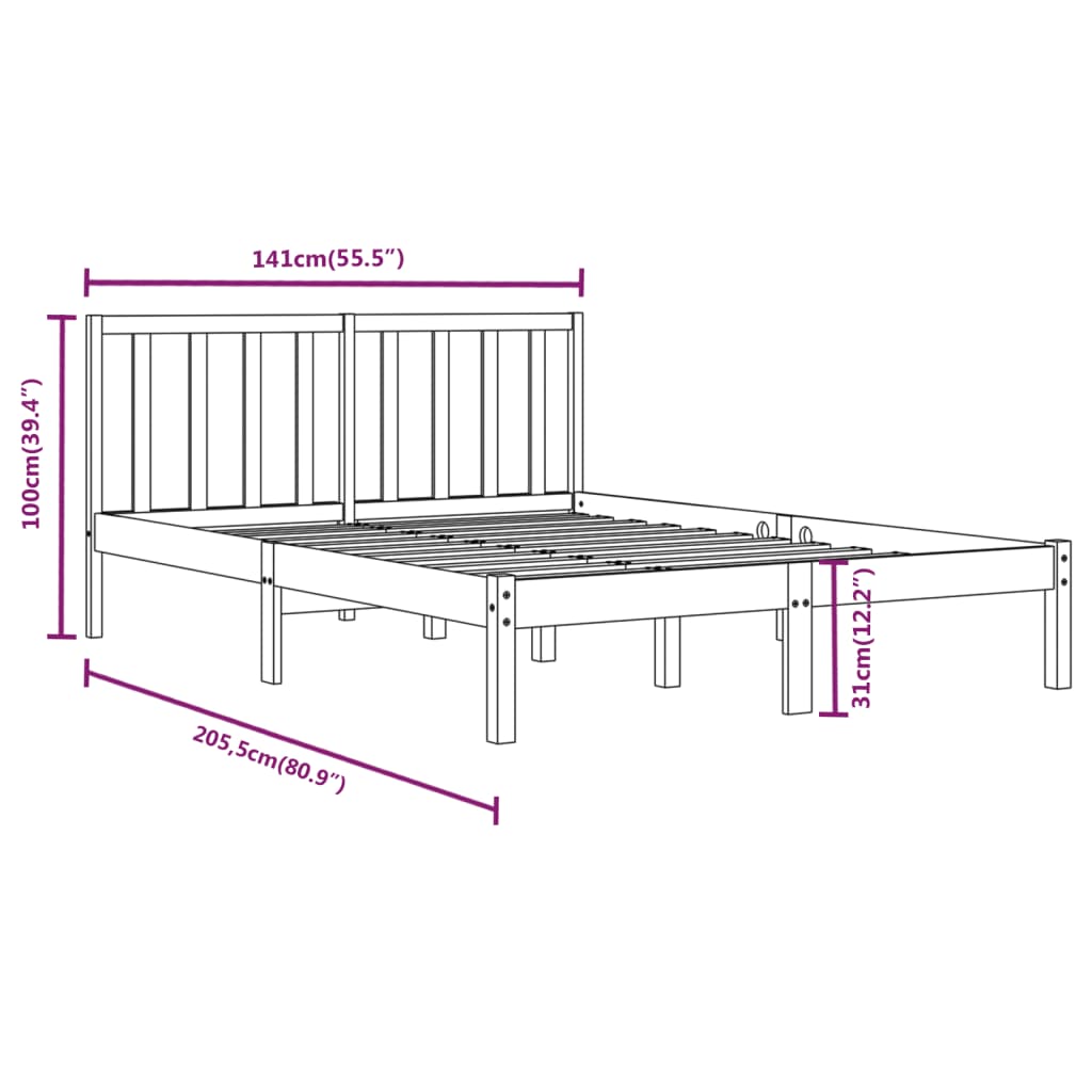 vidaXL Okvir za krevet od masivne borovine crni 135x190 cm 4FT6 bračni