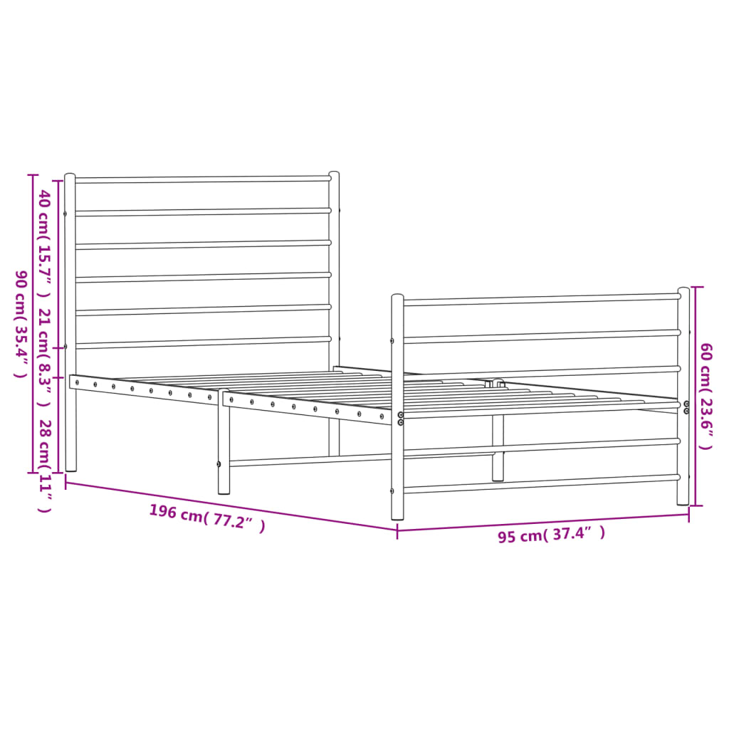 vidaXL Metalni okvir kreveta uzglavlje i podnožje crni 90x190 cm