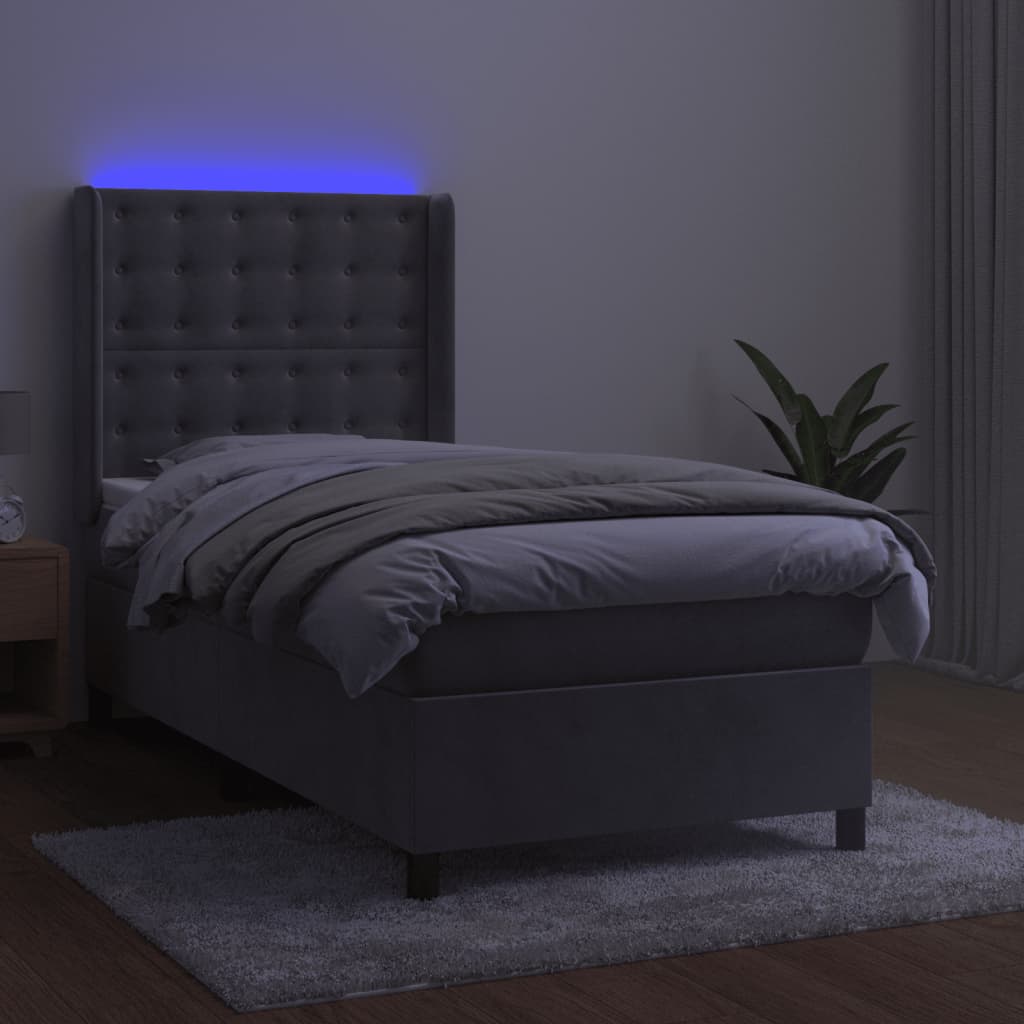 vidaXL Krevet box spring s madracem LED svjetlosivi 100x200 cm baršun