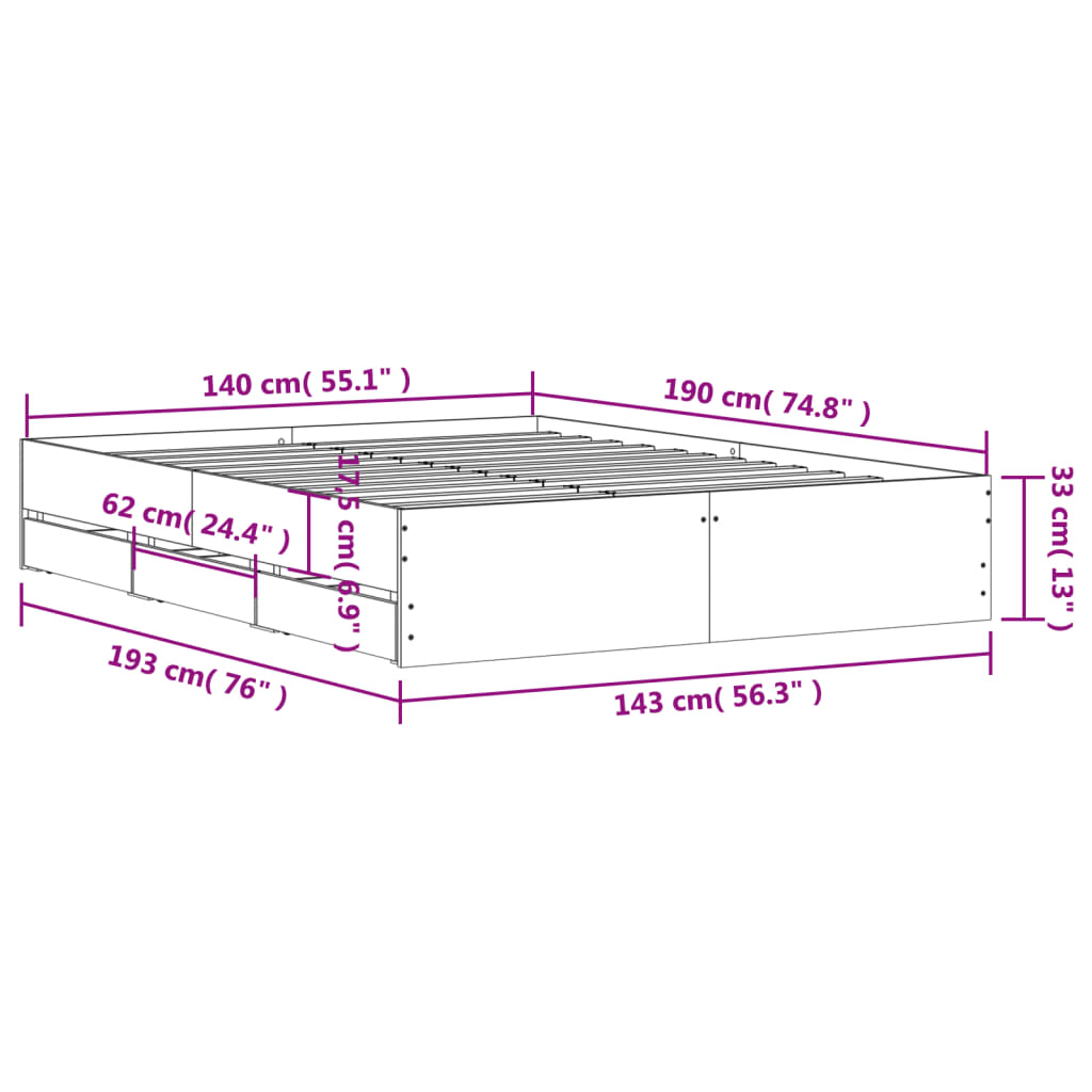 vidaXL Okvir za krevet s ladicama boja hrasta 140x190 cm drveni