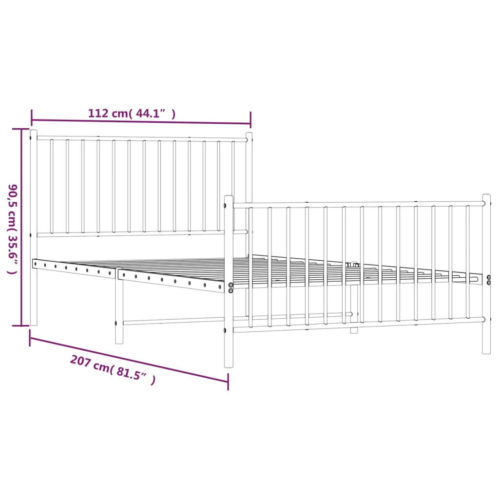 vidaXL Metalni okvir kreveta uzglavlje i podnožje crni 107x203 cm