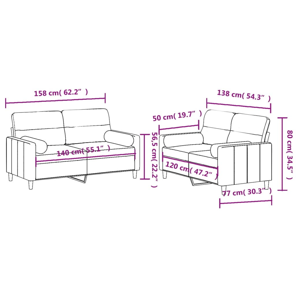 vidaXL 2-dijelni set sofa s jastucima krem od tkanine