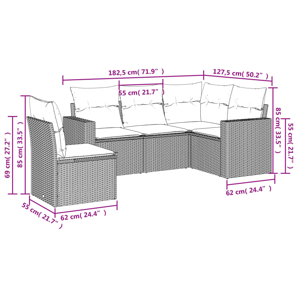 vidaXL 5-dijelni vrtni set sofa s jastucima bež od poliratana