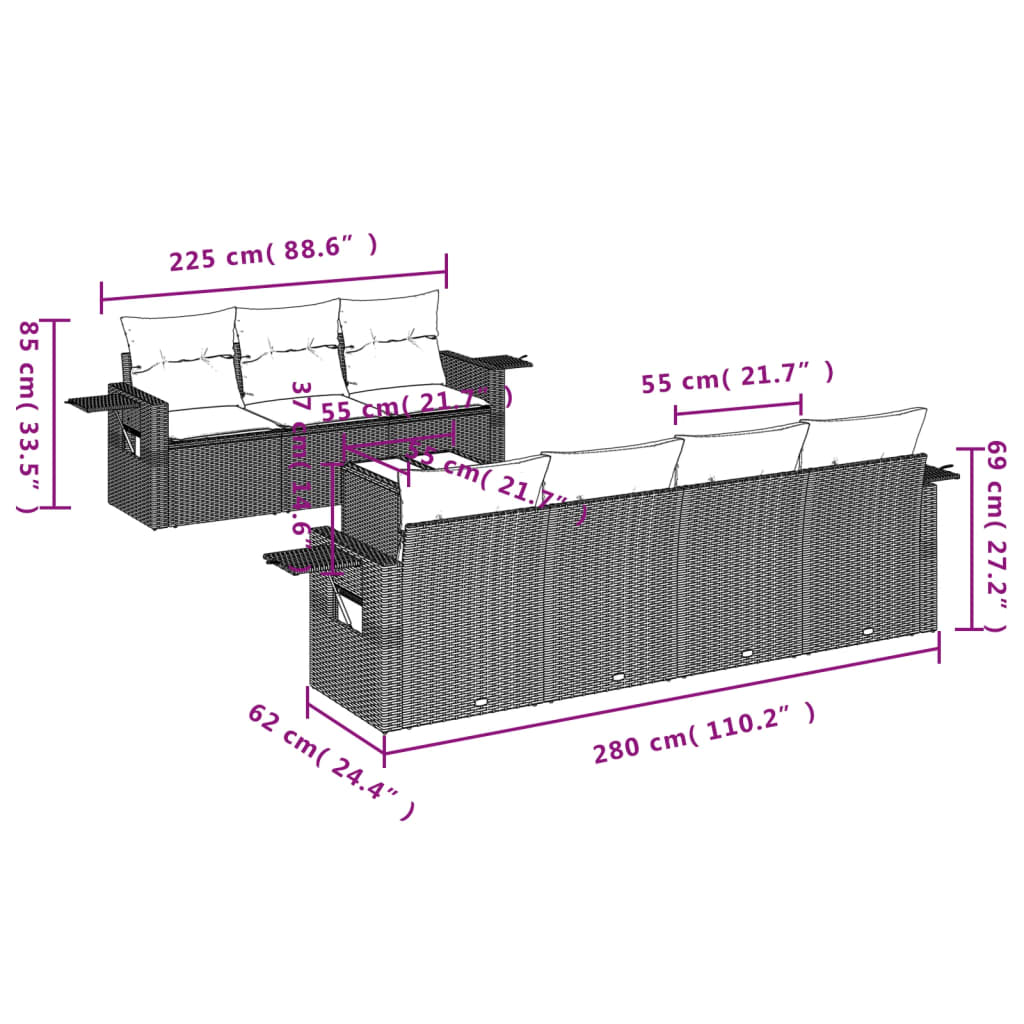 vidaXL 8-dijelni set vrtnih sofa od poliratana s jastucima crni