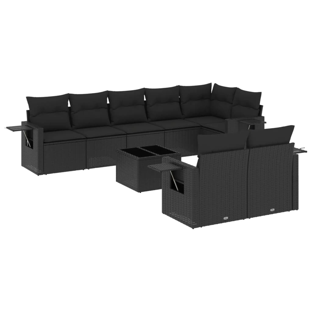 vidaXL 9-dijelni set vrtnih sofa s jastucima crni od poliratana