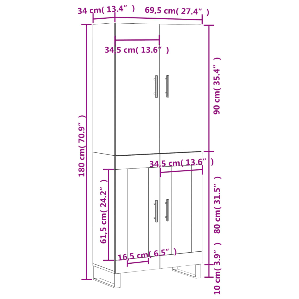 vidaXL Visoka komoda bijela 69,5x34x180 cm konstruirano drvo