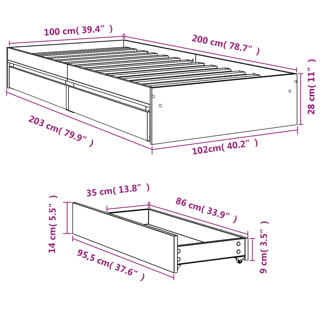 vidaXL Okvir kreveta s ladicama boja hrasta 100x200 cm