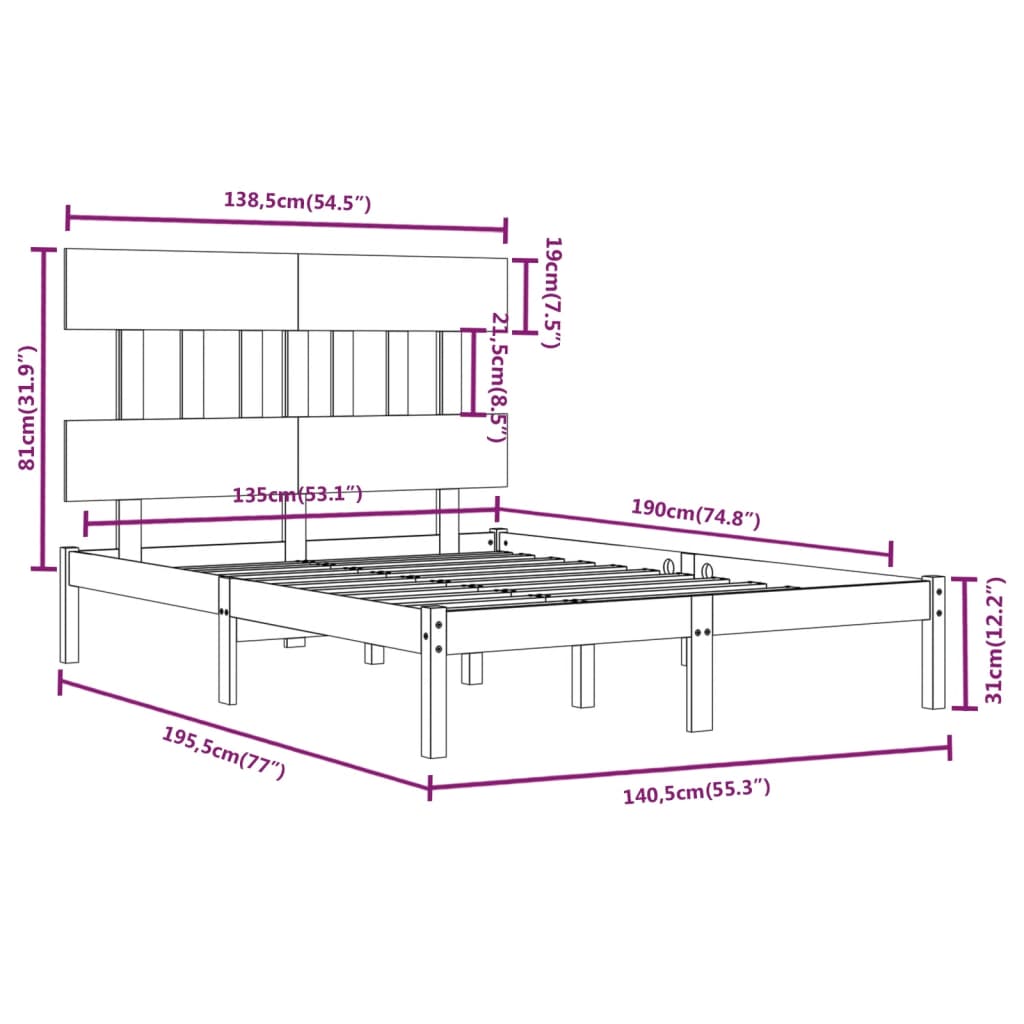 vidaXL Okvir za krevet od masivnog drva crni 135 x 190 cm 4FT6 bračni