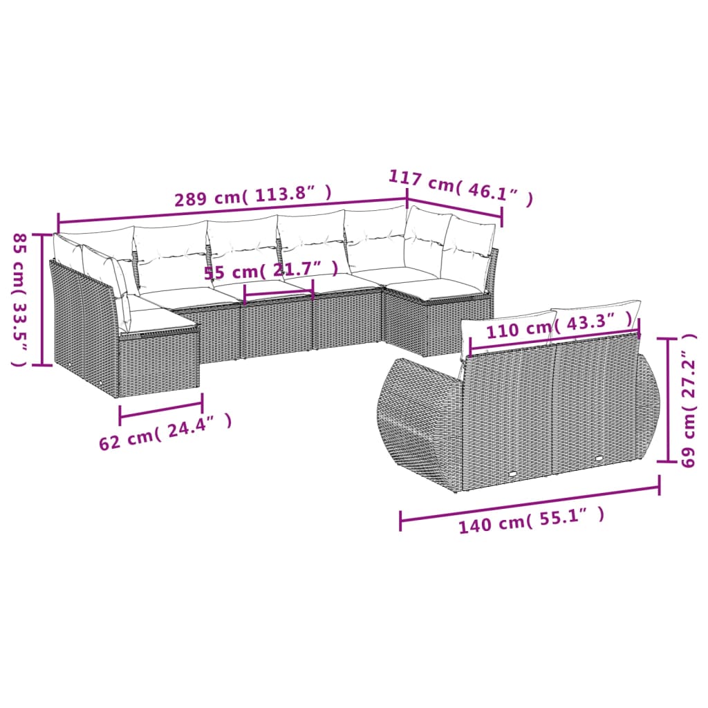 vidaXL 9-dijelni set vrtnih sofa s jastucima crni od poliratana