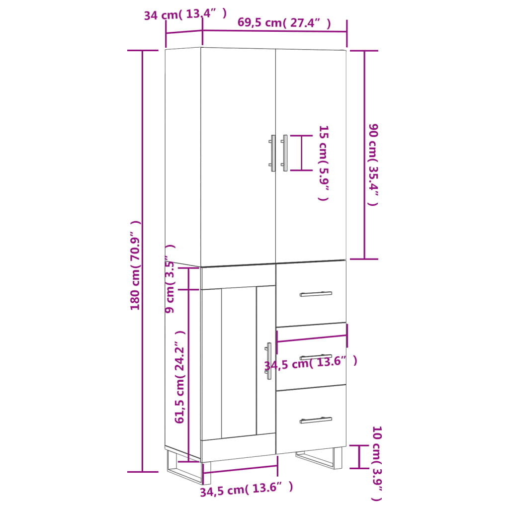 vidaXL Visoka komoda bijela 69,5x34x180 cm konstruirano drvo