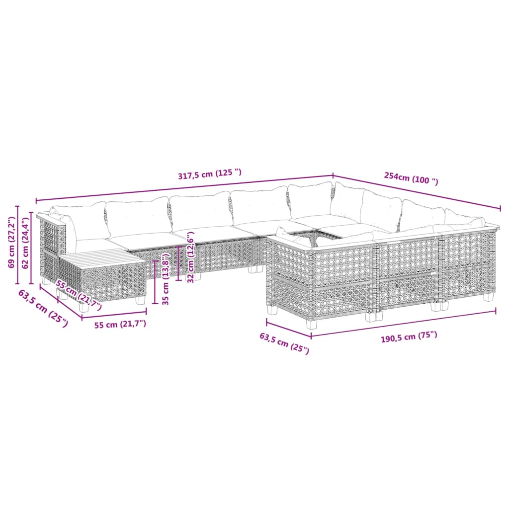 vidaXL 11-dijelni set vrtnih sofa od poliratana s jastucima crni