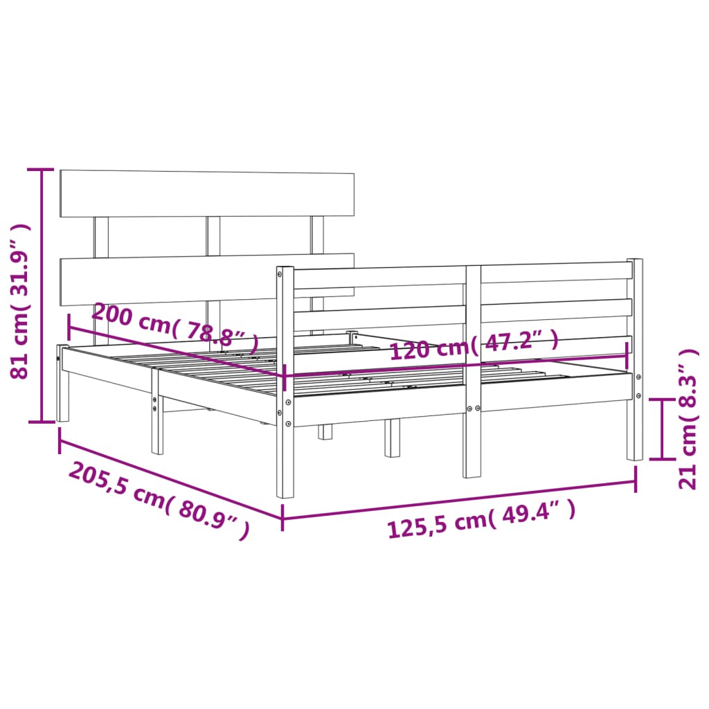 vidaXL Okvir za krevet s uzglavljem crna 120x200cm od masivnog drva